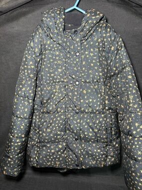 Amazon Black Hooded Puffer Jacket with Gold Star Print